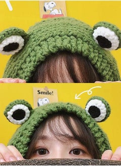 Excefore 1pc Frog Knit Hat,   Frog Eye Pattern Knit Skull Beanie Solid Color Winter Warm Earmuffs Hat Green  - Image 2