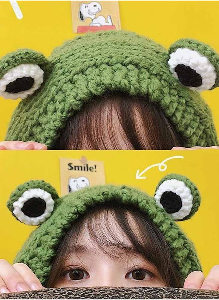 Excefore 1pc Frog Knit Hat,   Frog Eye Pattern Knit Skull Beanie Solid Color Winter Warm Earmuffs Hat Green  - Image 2