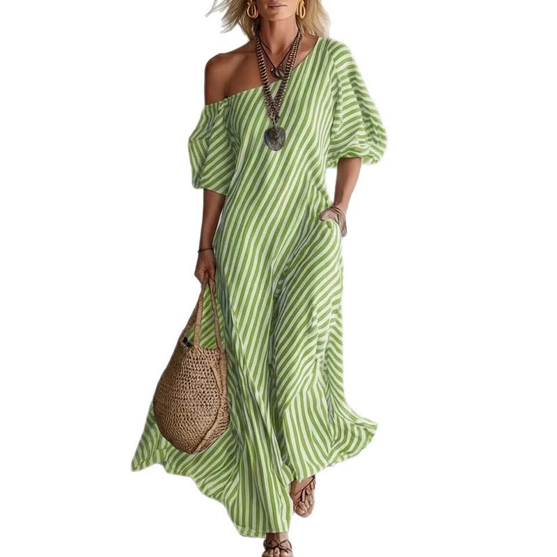 Women's Elegant Striped Off-Shoulder Dress - Image 5