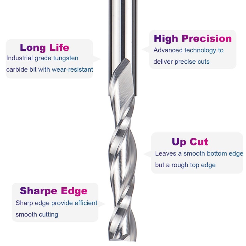 SpeTool Spiral Router Bits with UpCut 1/4 inch Cutting Diameter, 1/4 inch Shank 3 inch Extra Long HRC55 Solid Carbide CNC End Mill for Wood Cut, Carving - Image 4