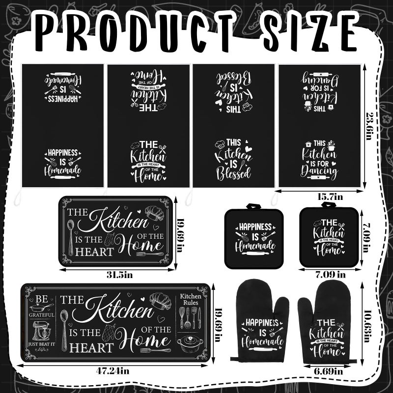 Fourluoo 10 Pcs Farmhouse Kitchen Decor and Accessories Set 4 Kitchen Towels 2 Pot Holders 2 Oven Mitts 2 Rugs for Cooking Baking Mom Housewarming Gifts(Black,Classic Style) - Image 3