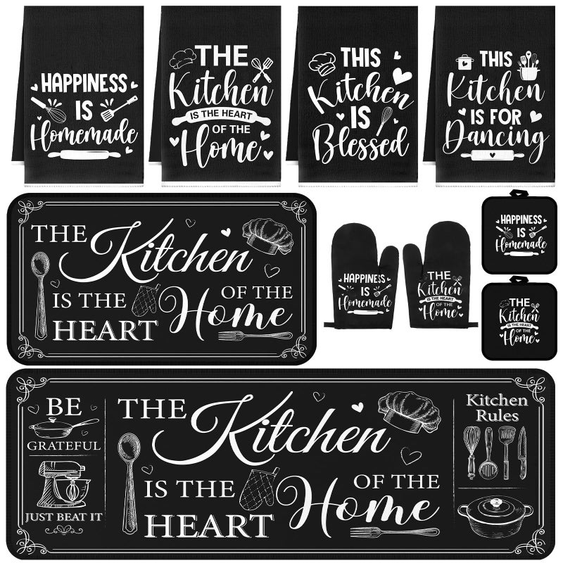 Fourluoo 10 Pcs Farmhouse Kitchen Decor and Accessories Set 4 Kitchen Towels 2 Pot Holders 2 Oven Mitts 2 Rugs for Cooking Baking Mom Housewarming Gifts(Black,Classic Style) - Image 1