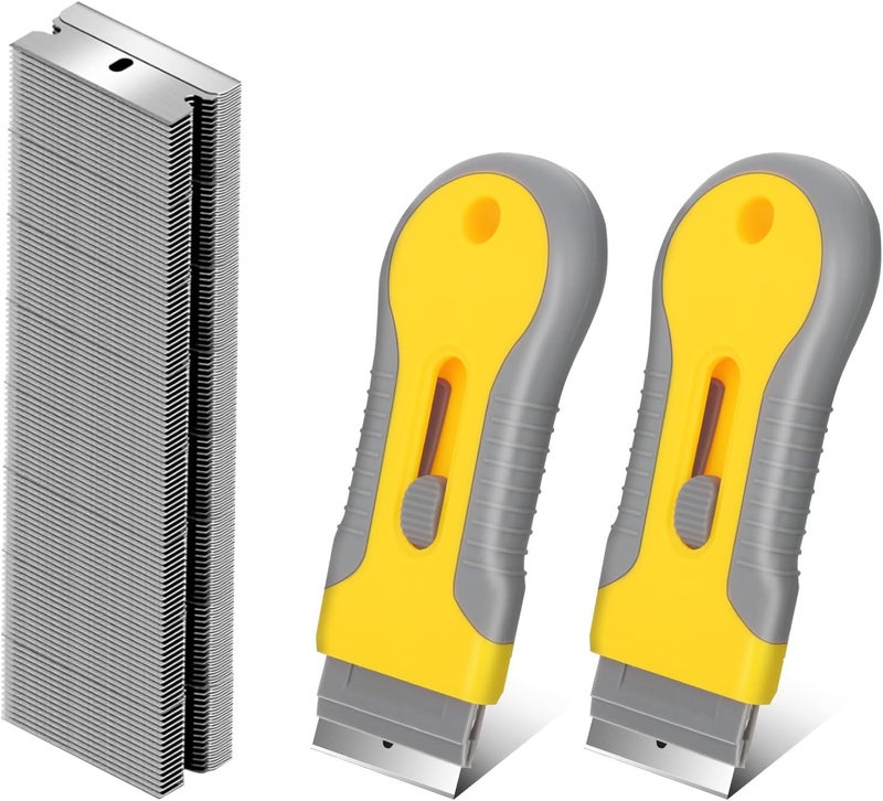 WEGAZ -2 Pack Razor Blade Scraper with 100 Extra carbon steel Blades, Scraper Tool for Cleaning Window, Paint, Cooktop, Oven, Glass Stove Top Scraper - Image 1
