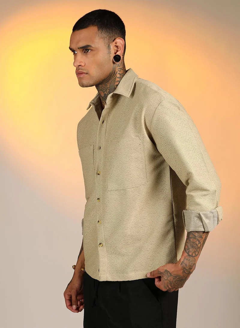 كامبوس سوترا Men's Buff Beige Chevron-Woven Utility Shirt
