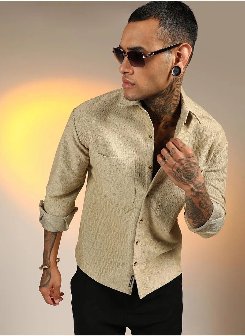 كامبوس سوترا Men's Buff Beige Chevron-Woven Utility Shirt