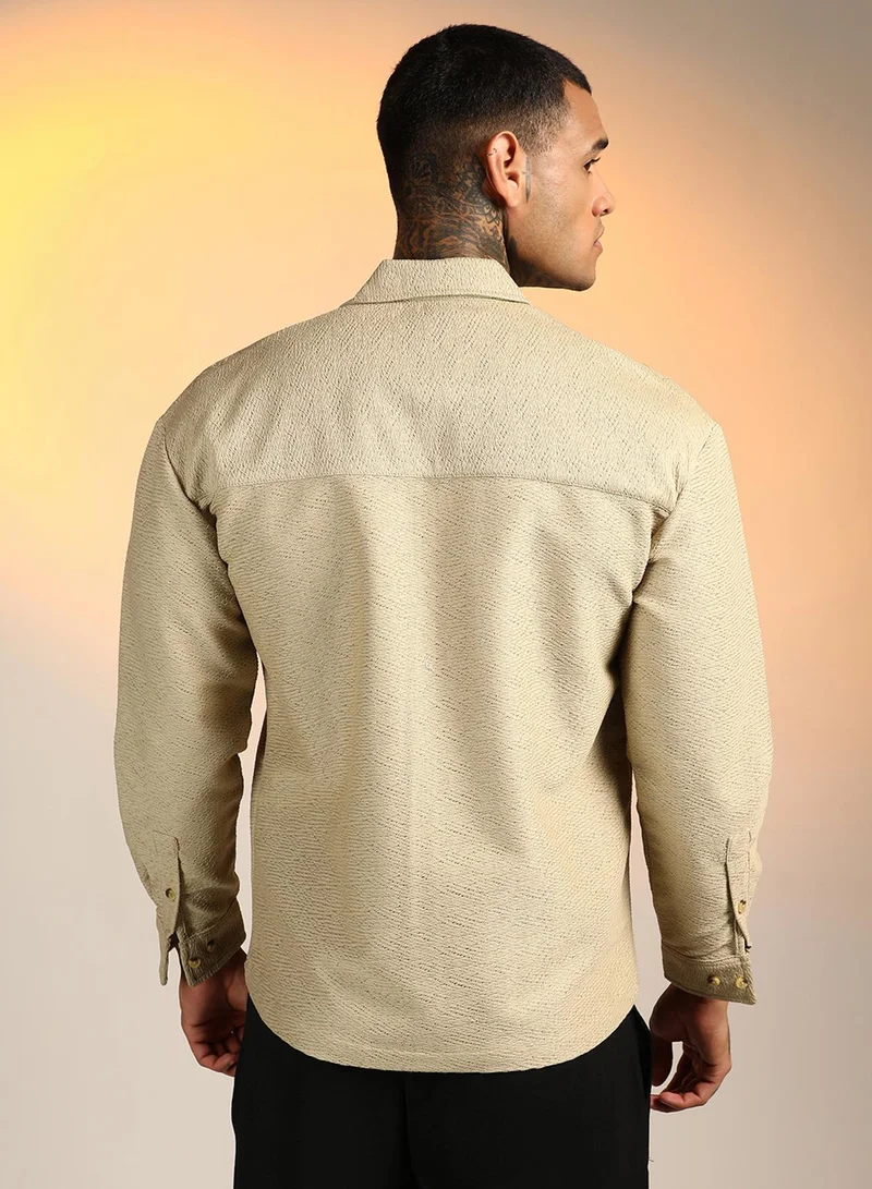 كامبوس سوترا Men's Buff Beige Chevron-Woven Utility Shirt