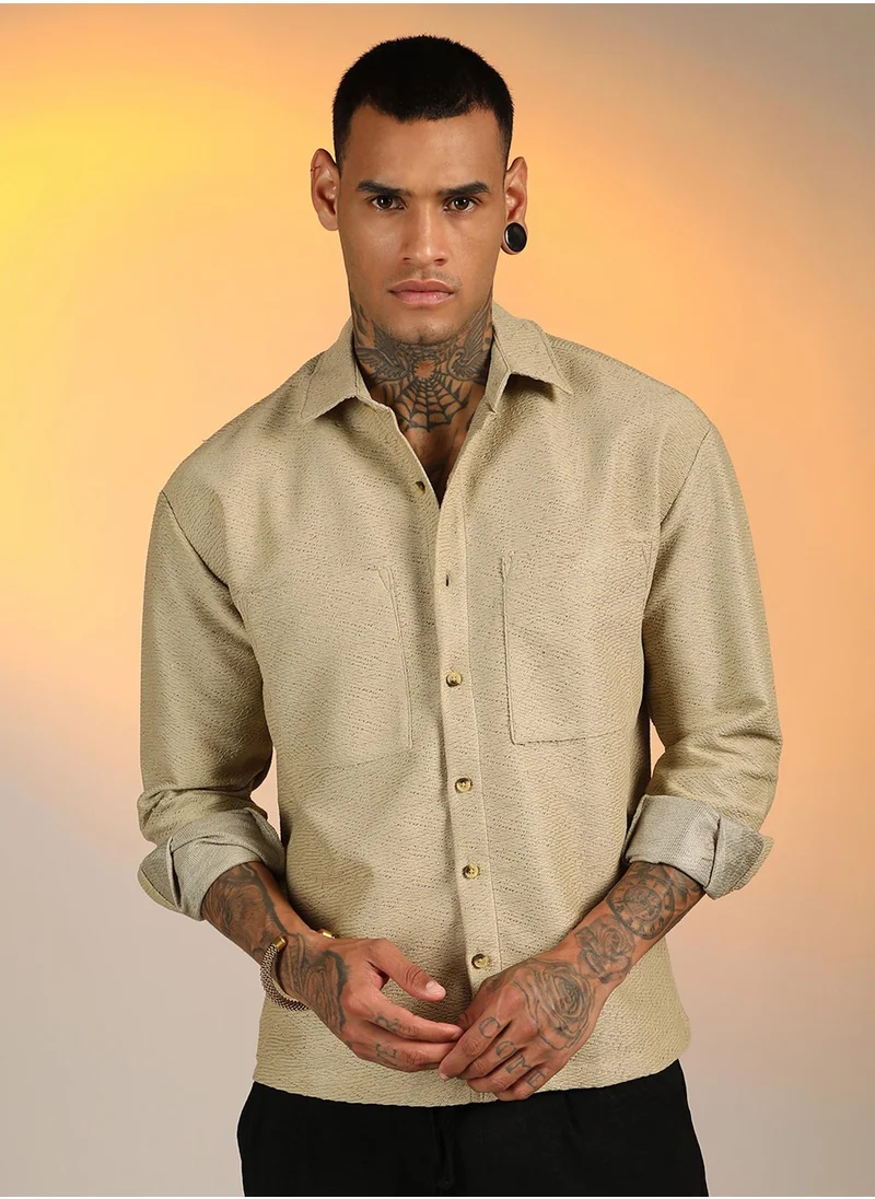 كامبوس سوترا Men's Buff Beige Chevron-Woven Utility Shirt