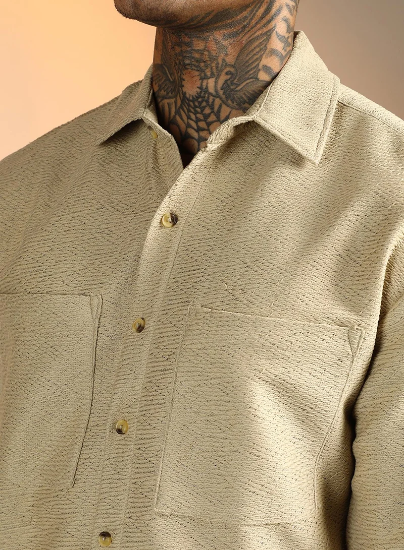 كامبوس سوترا Men's Buff Beige Chevron-Woven Utility Shirt