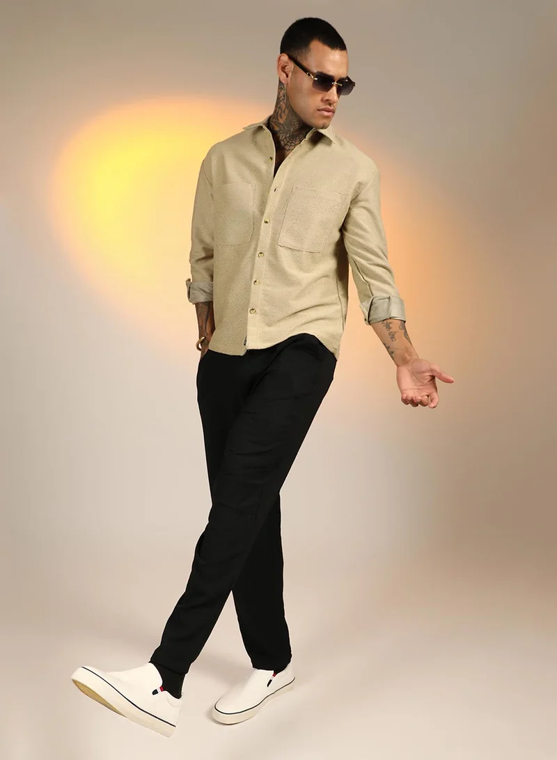 كامبوس سوترا Men's Buff Beige Chevron-Woven Utility Shirt