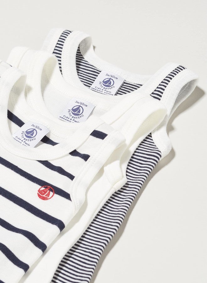 Petit Bateau بدلات قطنية بدون أكمام مخططة للأطفال من بيتي باوتو - عبوة 3 قطع نمط A02EI الأحجام 3-36 شهر (الحجم 36 شهر نمط A02EI) - Image 2