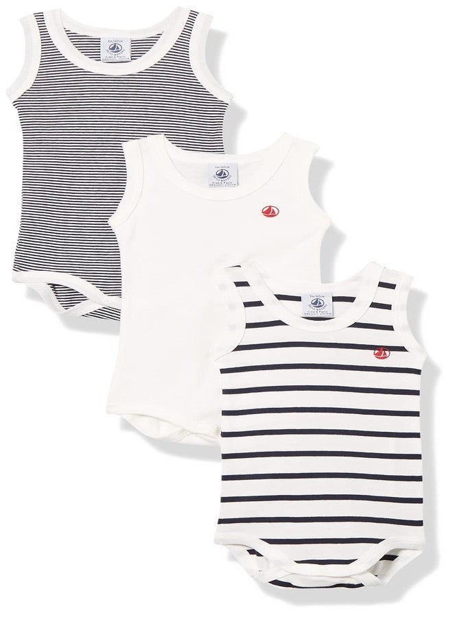 Petit Bateau بدلات قطنية بدون أكمام مخططة للأطفال من بيتي باوتو - عبوة 3 قطع نمط A02EI الأحجام 3-36 شهر (الحجم 36 شهر نمط A02EI) - Image 1