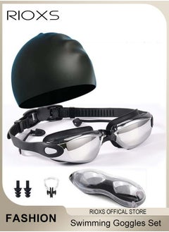 RIOXS Swim Goggles Anti Fog Resistant Wide Clear Vision Swimming Goggles Set with Adjustable Strap for adults Men Women Bright Color Plated Goggles Nose Ear Plugs Swim Cap and box  - Image 1