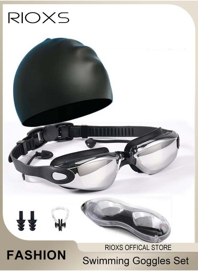 RIOXS Swim Goggles Anti Fog Resistant Wide Clear Vision Swimming Goggles Set with Adjustable Strap for adults Men Women Bright Color Plated Goggles Nose Ear Plugs Swim Cap and box  - Image 1