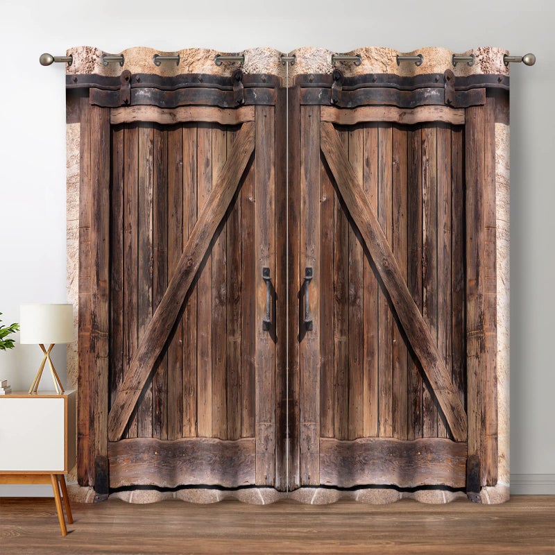 Jekeno Rustic Wood Blackout Curtains Vintage Wooden Barn Door Farmhouse Home Bedroom Living Room Decor Brown Grommet Window Drapes 2 Panel Set, 52"x84" - Image 1
