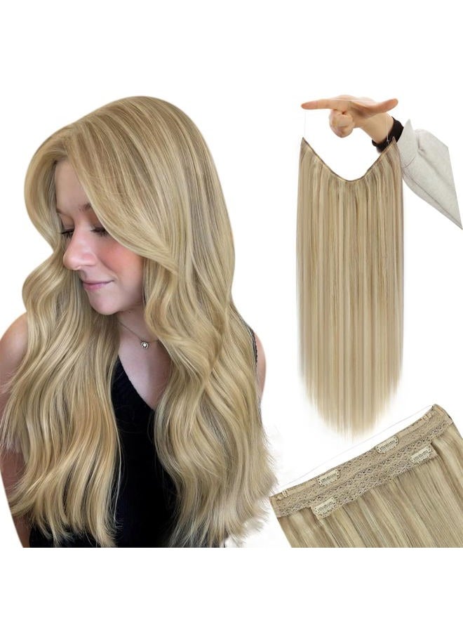 Youngsee 14inch Remy Human Hair Halo Extensions Dark Ash Brown with Golden Blonde Hair Extensions Halo Flip Silk Straight Real Hair 80gram/set - Image 1