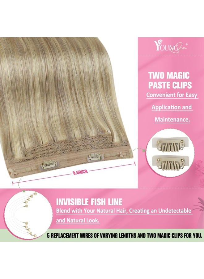 Youngsee 14inch Remy Human Hair Halo Extensions Dark Ash Brown with Golden Blonde Hair Extensions Halo Flip Silk Straight Real Hair 80gram/set - Image 3