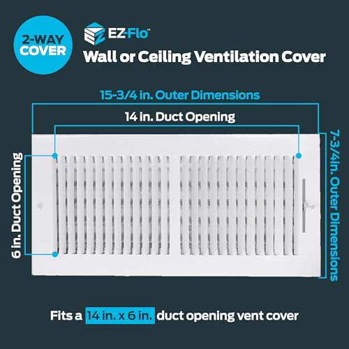 EZ-Flo غطاء فتحة تهوية EZ-FLO 14 × 6 بوصة (فتحة القناة) للجدار أو السقف، مسجل تهوية ثنائي الاتجاه، غطاء مسجل HVAC من الصلب الصلب، أبيض، 61613 - Image 2