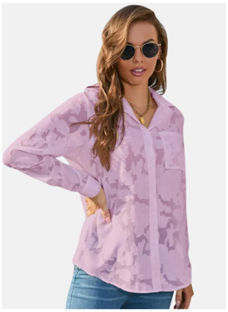 YUNIQEE Lavender Floral Self Design Cuffed Sleeves Chiffon Shirt Style Top