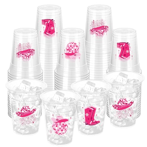 ZCPTZ 100 Pcs Pink Cowgirl Disco Plastic Cups 12 oz Western Cowgirl Plastic Cups Clear Disposable Western Cowgirl Party Cups for Cowgirl Birthday Party Baby Shower Last Rodeo Party Supplies - Image 1