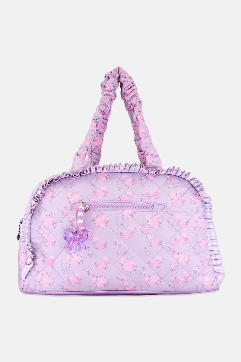 Miss Gwen's OMG Kids Girl Floral Quilted Duffle Bag, Lavender - Image 3