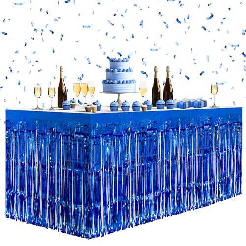 Watch Me Fly 2 Pack Dark Blue Table Skirts, 29x108" Metallic Foil Tinsel Fringe Table Skirts for Rectangle Tables Streamer Curtains Backdrop, Party Decorations for Birthdays Weddings Holidays - Image 1