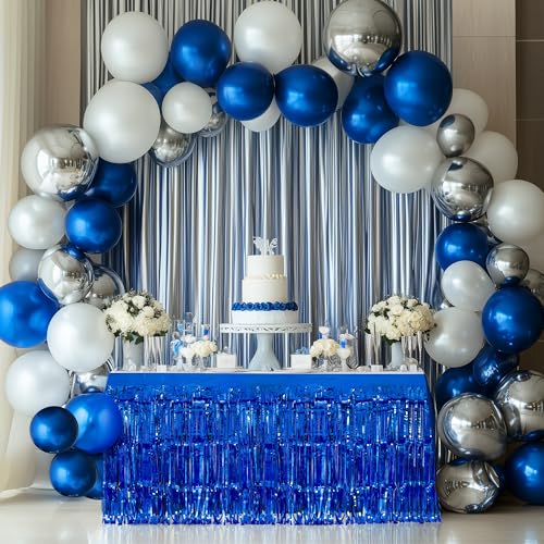Watch Me Fly 2 Pack Dark Blue Table Skirts, 29x108" Metallic Foil Tinsel Fringe Table Skirts for Rectangle Tables Streamer Curtains Backdrop, Party Decorations for Birthdays Weddings Holidays - Image 2