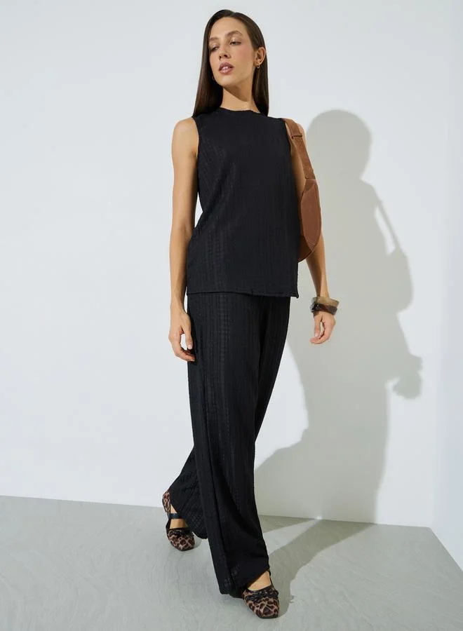 Styli Black Sleeveless Textured Top and Trousers Co-ord Set