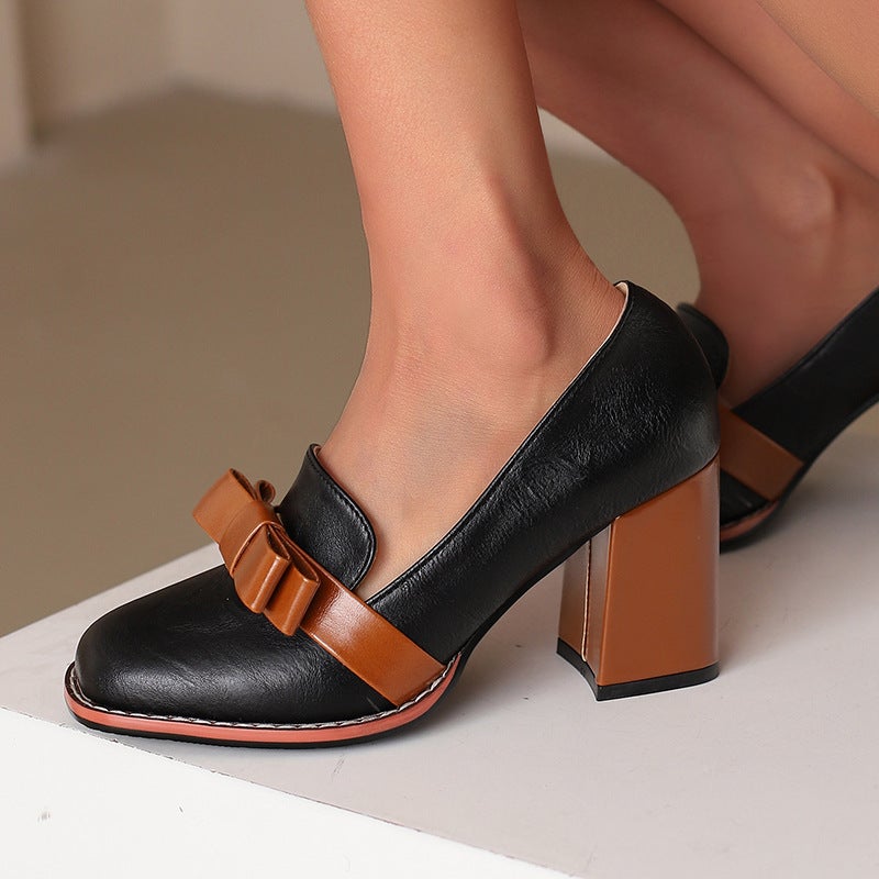 Wish Foreign Order 2025 Spring And Autum High-Heeled Bow 33-48 Size Professional Slip-On Thick-Heeled Shoes For Women - Image 3