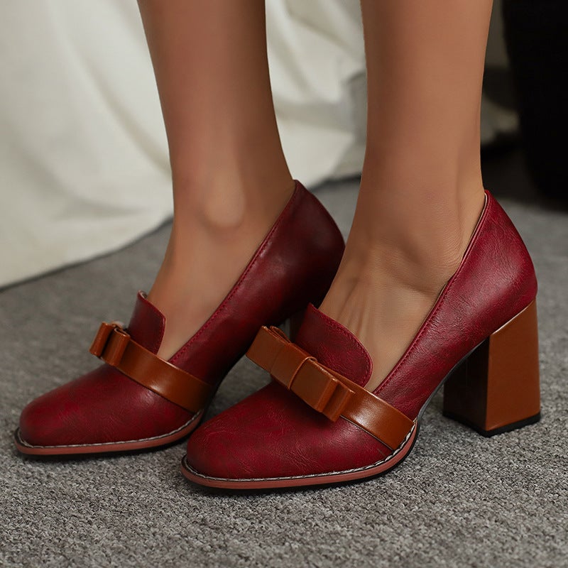Wish Foreign Order 2025 Spring And Autum High-Heeled Bow 33-48 Size Professional Slip-On Thick-Heeled Shoes For Women - Image 2
