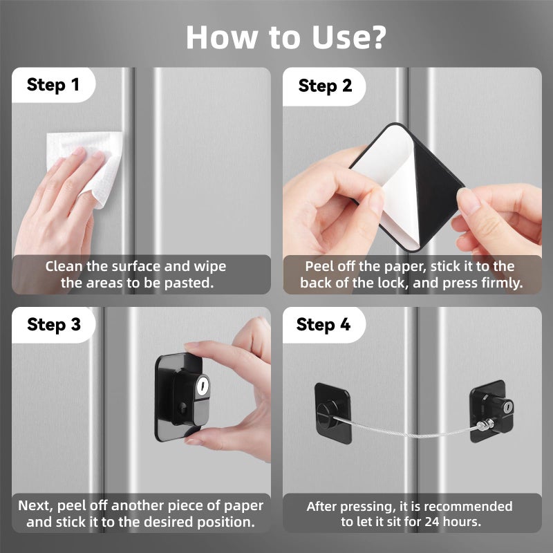 CTEOUNPT Fridge Lock with Key, Safety Lock for Refrigerator, Cabinet, Drawer, Window â€“ Easy to Install, No Drilling(2 Pack, Rectangle Black) - Image 4