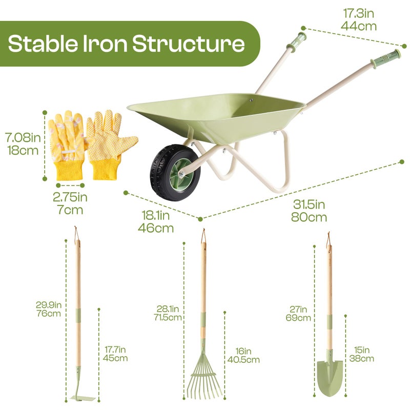 ROBUD Kids Wheelbarrow Set, Green Metal Toddler Wheelbarrow with Shovel, Hoe, Broom & Gloves, Kid Gardening Set for Kid to be Closer to Nature, WRP43 - Image 2