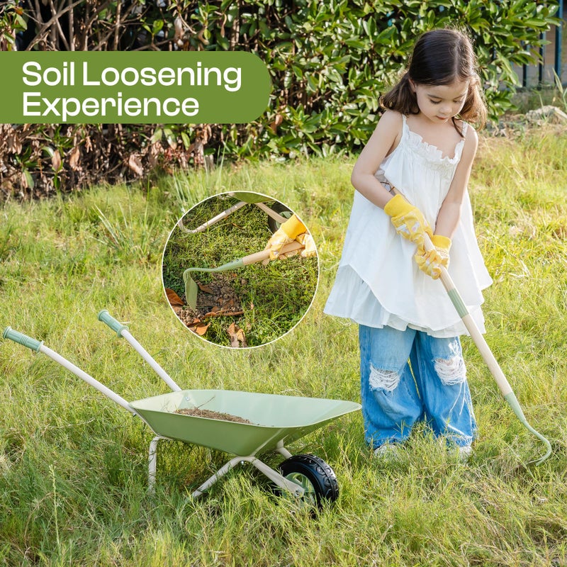 ROBUD Kids Wheelbarrow Set, Green Metal Toddler Wheelbarrow with Shovel, Hoe, Broom & Gloves, Kid Gardening Set for Kid to be Closer to Nature, WRP43 - Image 4