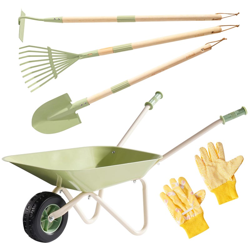 ROBUD Kids Wheelbarrow Set, Green Metal Toddler Wheelbarrow with Shovel, Hoe, Broom & Gloves, Kid Gardening Set for Kid to be Closer to Nature, WRP43 - Image 1