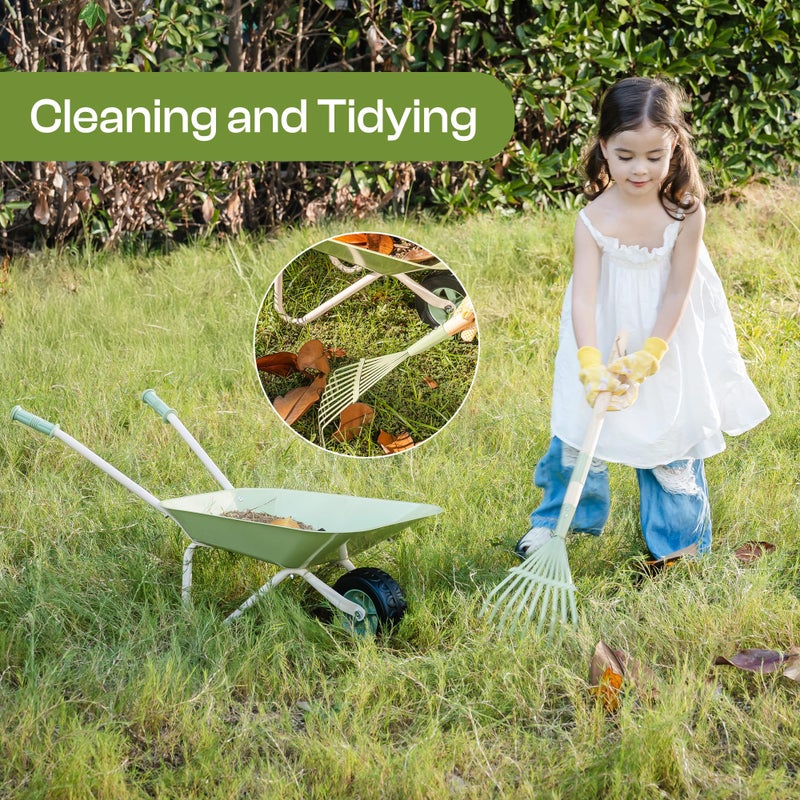 ROBUD Kids Wheelbarrow Set, Green Metal Toddler Wheelbarrow with Shovel, Hoe, Broom & Gloves, Kid Gardening Set for Kid to be Closer to Nature, WRP43 - Image 5