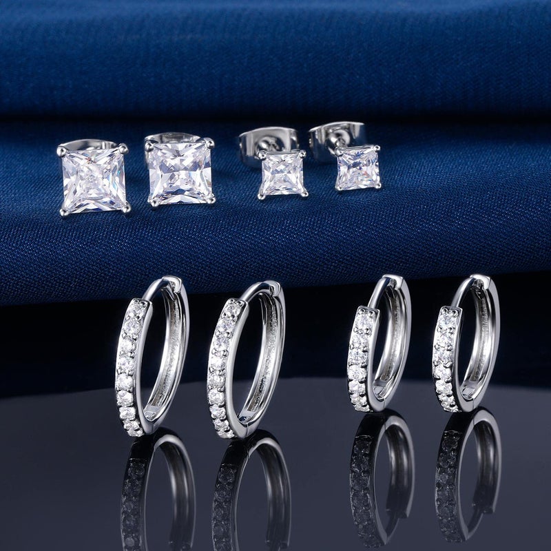 MDFUN 18K White Gold Plated Cubic Zirconia Tiny Huggie Hoop Earrings Pack for women men 4 Pairs - Image 3