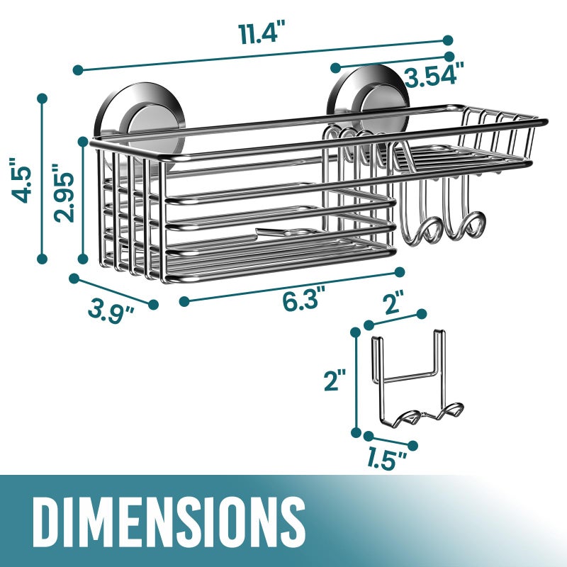 TAILI Suction Shower Caddy with 4 Hooks 1Tier-Silver - Image 3