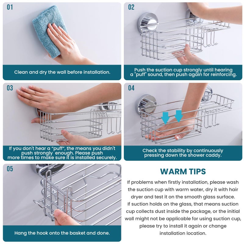 TAILI Suction Shower Caddy with 4 Hooks 1Tier-Silver - Image 5