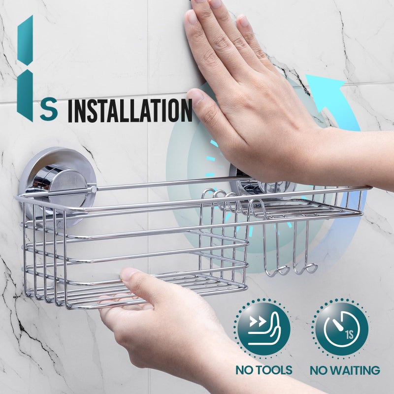 TAILI Suction Shower Caddy with 4 Hooks 1Tier-Silver - Image 2