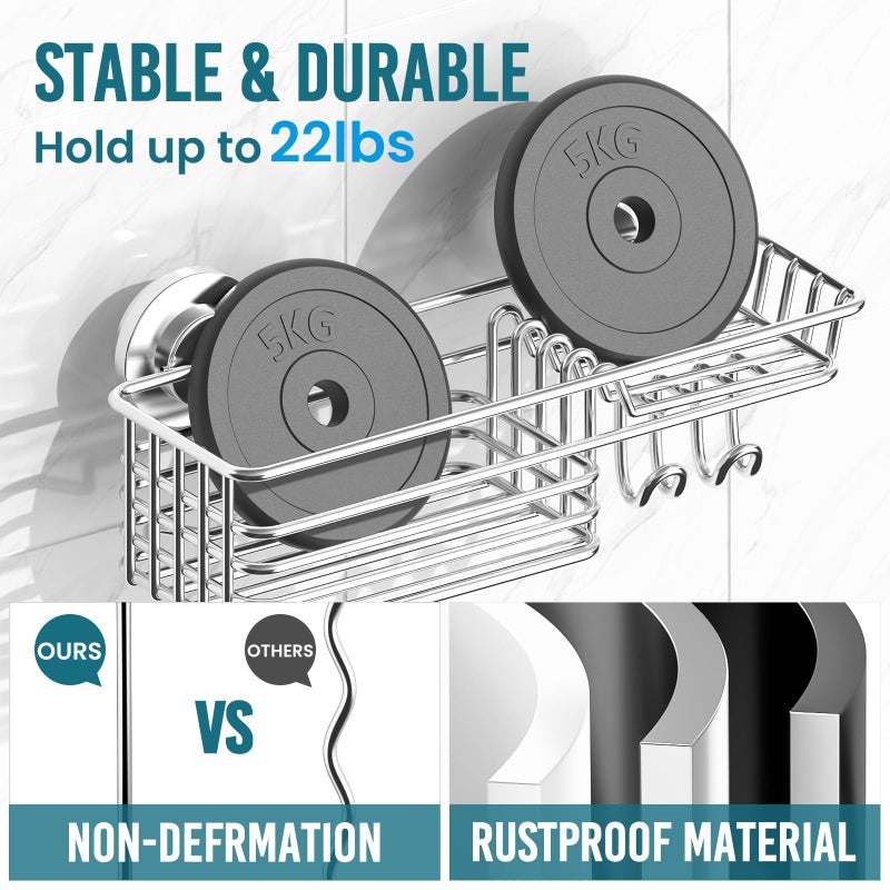 TAILI Suction Shower Caddy with 4 Hooks 1Tier-Silver - Image 4