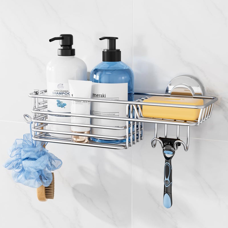 TAILI Suction Shower Caddy with 4 Hooks 1Tier-Silver - Image 1