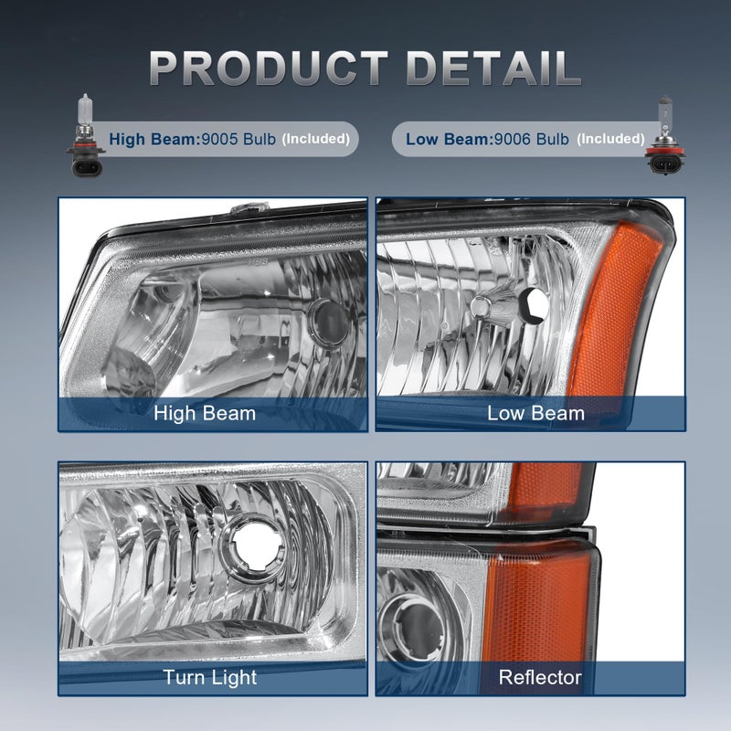 KUIPERAUTO Headlight Assembly Compatible with 2003-2006 Chevy Avalanche/2003-2007 Chevrolet Silverado 1500 2500 3500 Headlamp w/Bulb with Black Housing/Clear Lens/Clear Cornor - Image 3