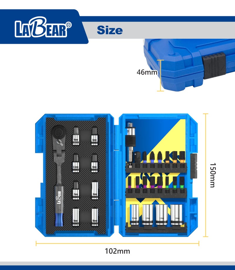LaBear 29-Piece 1/4" Ratchet & 1/4'' Dr. Socket Set / 2-in-1 Bit & Socket Holder 1/4-inch S2 Impact Bits, Socket Adapter for home electronics, vehicles - Image 2