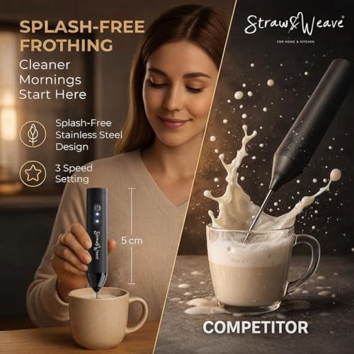 STRAW&WEAVE Coffee Frother Electric with Double Whisk | C Type Rechargeable Coffee Maker Machine for Home | 1 Year Warranty | Free Coffee Blender Recipe Book | Big Battery 1 Charge = 15 Days Use - Image 4