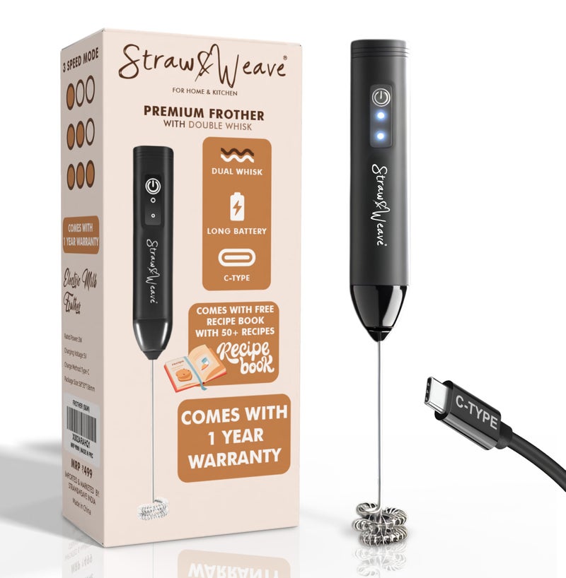 STRAW&WEAVE Coffee Frother Electric with Double Whisk | C Type Rechargeable Coffee Maker Machine for Home | 1 Year Warranty | Free Coffee Blender Recipe Book | Big Battery 1 Charge = 15 Days Use - Image 1