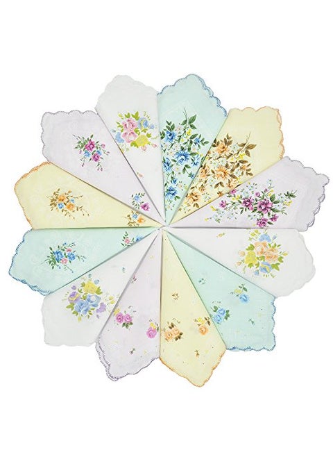 GB Womens 100 Cotton Handkerchiefs Assorted with Wavy Edge and Print Floral 12 Pieces