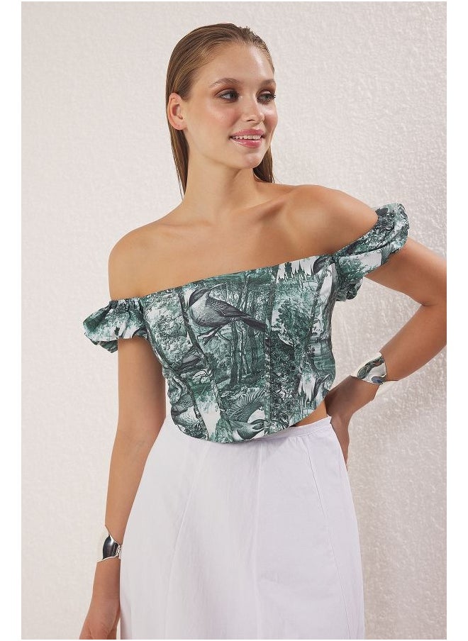 trendyol Green-Multicolored Crop Lined Corset Detailed Floral Patterned Woven Poplin Bustier TPRSS23BS00063  - Image 1