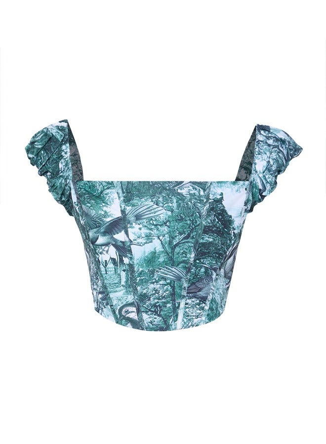 trendyol Green-Multicolored Crop Lined Corset Detailed Floral Patterned Woven Poplin Bustier TPRSS23BS00063  - Image 1