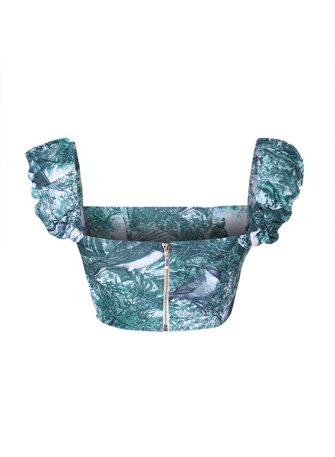 trendyol Green-Multicolored Crop Lined Corset Detailed Floral Patterned Woven Poplin Bustier TPRSS23BS00063  - Image 2