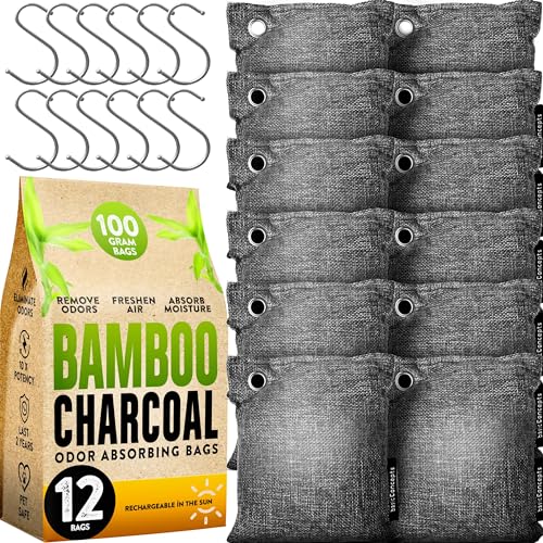 BASIC CONCEPTS Charcoal Odor Absorber for Strong Odor (Large, 12 Pack, 100g each), Perfect for Smelly Shoes, Bamboo Charcoal Air Purifying Bag, Activated Charcoal Odor Absorber for Closet, Shoe, Car, Odor Deodorizer - Image 1