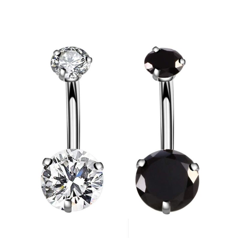 YHMM 14G Surgical Steel Belly Button Rings, Internally Threaded 12mm Long Round CZ Navel Barbell Stud for Women Men (2 Pcs Clear+Black)